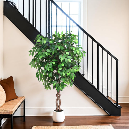5FT Artificial Ficus Tree, Tall Faux Trees Indoor with White Planter, Dried Moss, Natural Silk Leaves & Trunk, Fake Plants for Home Living Room Office Corner Decor Housewarming Gift