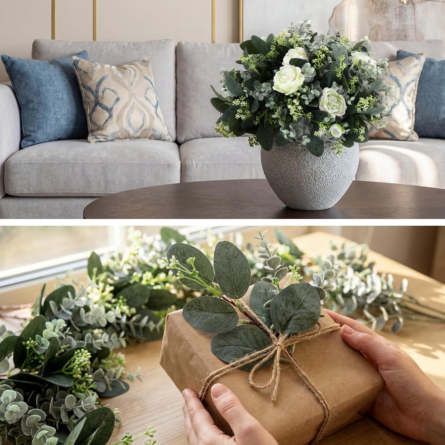 Mixed Eucalyptus Leaves Stems Bulk with White Seeds Artificial Silver Dollar Leaves Sprays Faux Oval for Wreath Garland Floral Bouquets Arrangement Wedding Greenery Decoration(60 Pcs)