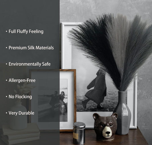 9 Pcs 45" Faux Dried Pampas Grass Tall Decor, Fluffy Fake Long Pompas Artificial Black Grey Gray Pompous Stems Bouquet Flower Arrangement Vase Filler for Boho Home Wedding Decoration