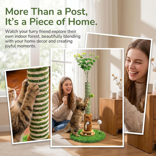 Cat Scratching Post 39'' Tall with Interactive Ball & Mouse Hole for Indoor Adult Cats, Sisal Rope Cat Tree Tower, Kitty Scratcher Furniture with Artificial Grass Tree for Kittens Cat Toys