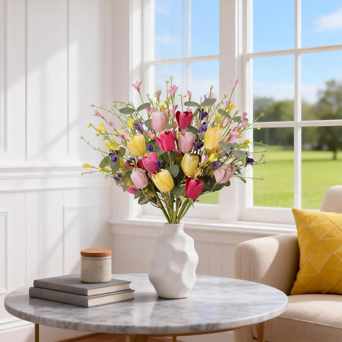 Artificial Spring Flowers 12 Pack Spring Flower Stems 17 Inch Floral Picks with Green Eucalyptus Leaves Pink Tulips Yellow Forsythia for Centerpieces Arrangements Summer Easter Decor