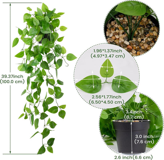 Small Fake Hanging Plant Artificial Potted Plants for Indoor Outdoor Aesthetic - 39in Realistic Faux Hanging Pothos with Ivy Vine for Shelf Decor in Home Office Gardens Greenery (Black Pot)