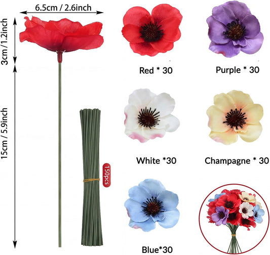 150Pcs Artificial Poppy Flowers, 5 Colors Mixed, Faux Poppies for DIY Craft Wedding Home Kitchen Decor