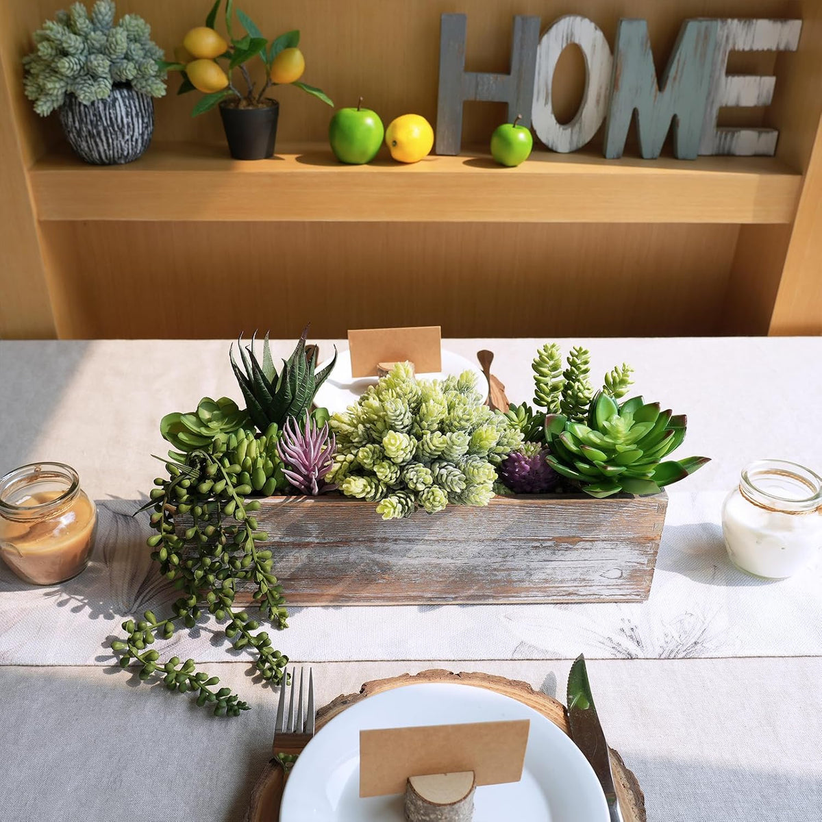 15" Assorted Artificial Succulent Arrangement Assorted Succulents in Rectangular Wooden Planter Faux Potted Plant for Farmhouse Table Centerpiece Windowsill Shelf Desk Mantel Greenery Décor