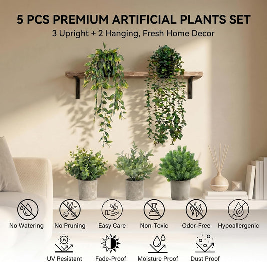 Artificial Hanging Plants 5 Pack – Small Fake Potted Ivy Plants for Indoor or Outdoor Décor, Wall Shelf Home Office Room Decoration, Realistic Faux Plants with Planters(Without Hanging Rope