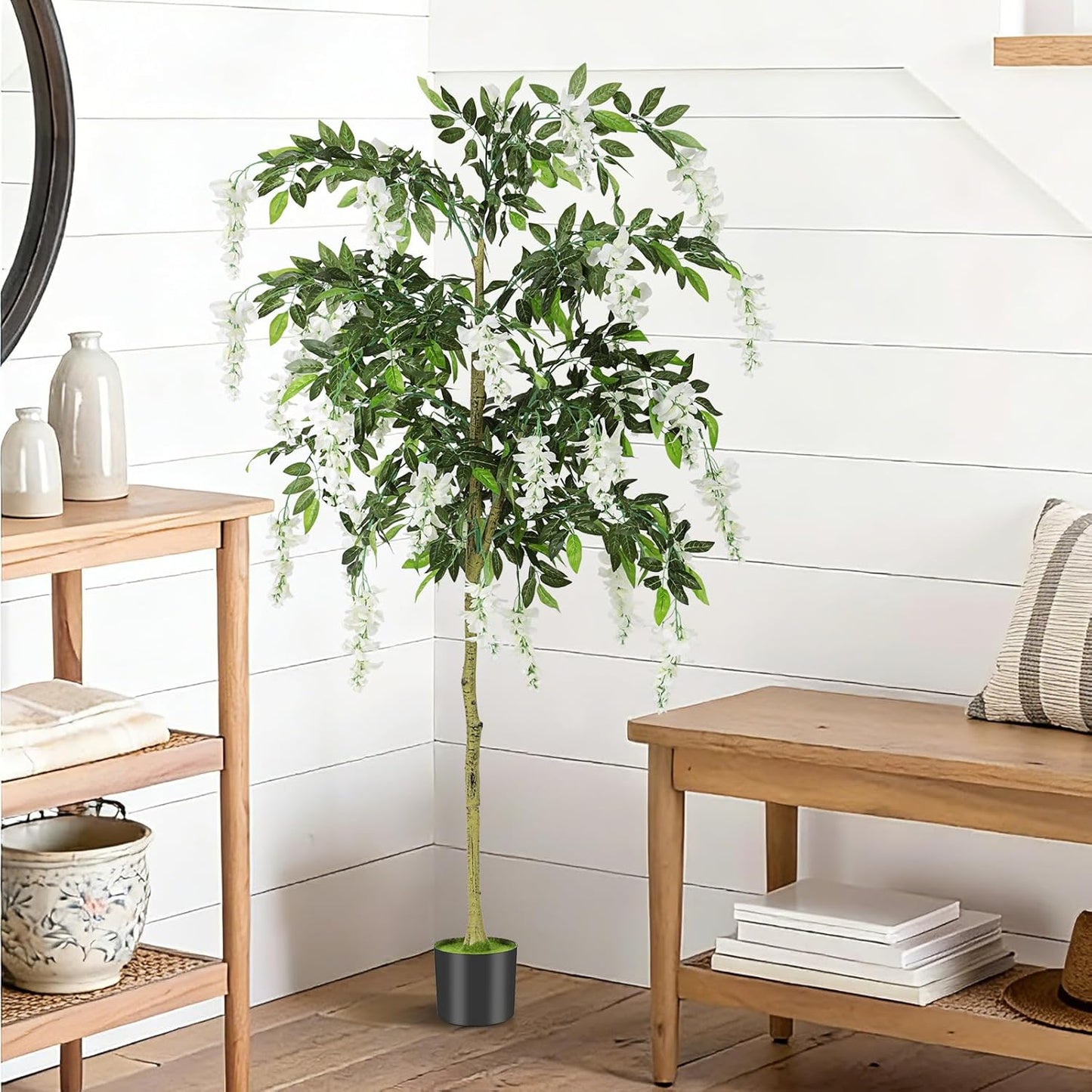 6FT Ficus Tree Artificial Indoor,Tall Fake Wisteria Tree in Nursery Pot | Blooming White Flowers,Realistic Green Leaves and Real Wood Trunk for Living Room,Home Office & Porch