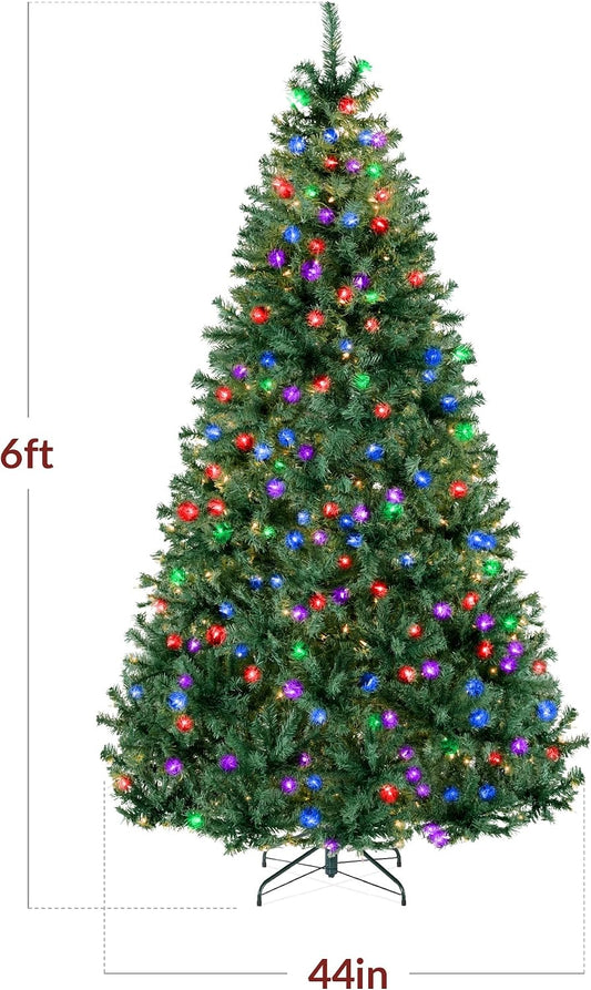 6Ft Pre-Lit Christmas Tree w/Twinkling LEDs, Premium Green Artificial Pine Lighted Holiday Decoration w/ 250 Lights, 1000 Branch Tips, Metal Base - Multi-Color Lights