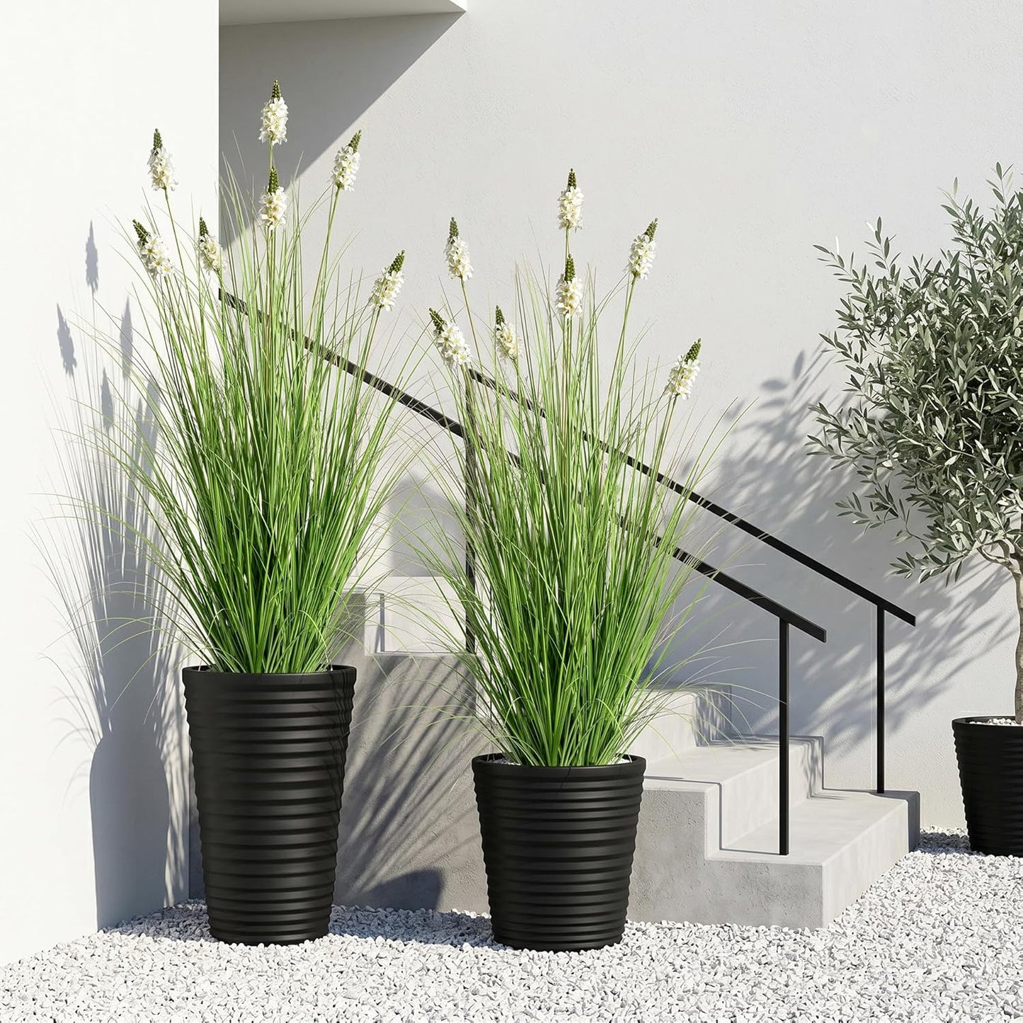 Artificial Plants Indoor Tall Grass Plants with Lilac Flower 35.4In Tall Artificial Ornamental Grass Green Onions Outdoor Fake Plants with Black Pot Home Office Decorative (1 Pack,Purple)