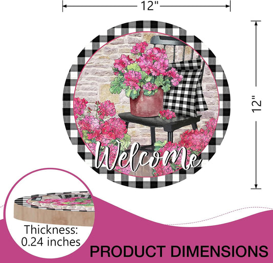 Welcome Spring Geranium Flower Sign for Front Door Decor, Floral Buffalo Plaid Chair Wood Door Hanger for Outdoor Outside Porch, Summer Farmhouse Wooden Wreath Indoor Wall Hanging Decoration