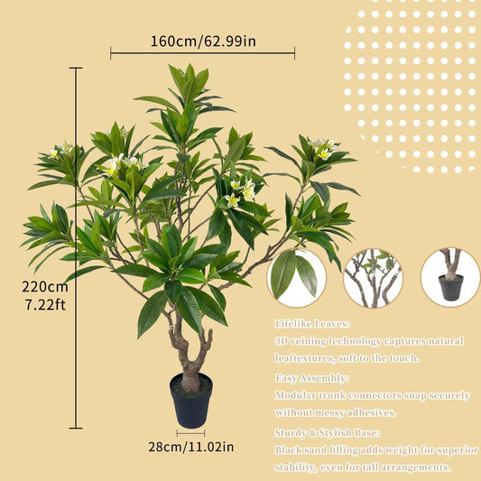Artificial PlumeriaTree with White Flowers, 7 ft Tall, Potted Plumeria Plant for Indoor Office Living Room Bedroom Garden