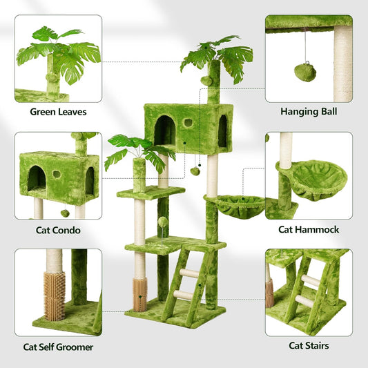 65in Tall Cat Tree with Leaves for Indoor Cats, Green Cat Tower with Scratching Post,Hanging Hammock,Cozy Perch,Swing Ball,Self Groomer and Cat Ladder,Cat Tree Tower