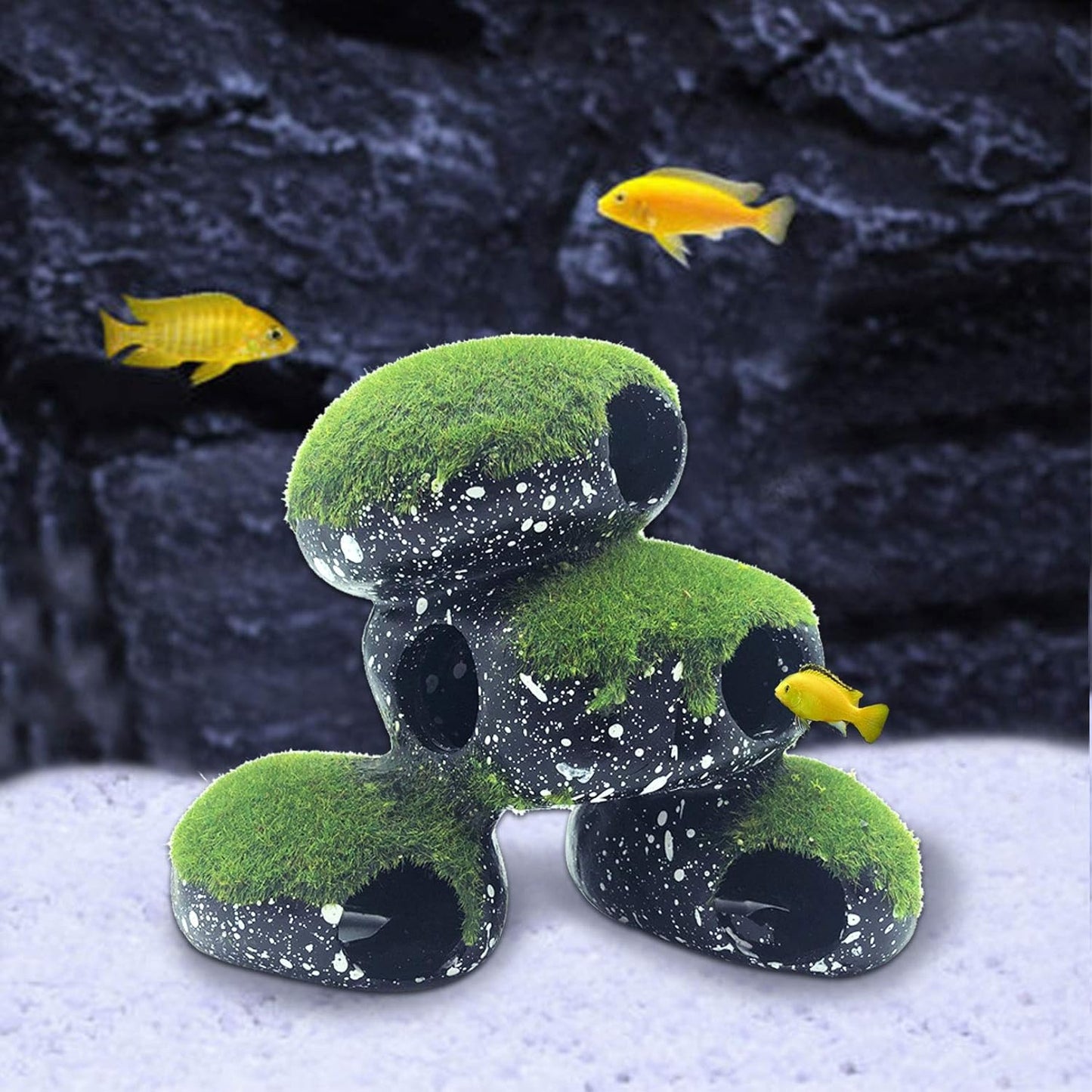 Stone Aquarium Hideaway Decoration Resin Cichlids Rock Decor with Artificial Moss Betta Cave Hideout Shelter Tunnel Fish Tank Ornament for Shrimp,Short Bream and Crayfish(L)