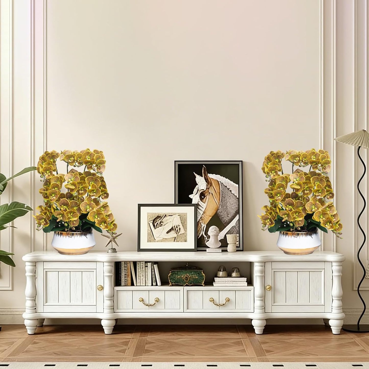 Orchids Artificial Flower Real Touch Fake Flowers in Large Ceramic Pot | 23.6 Inch White Orchid Large Faux Phalaenopsis Plant for Home Office Centerpiece Decor (9 Stems, Realistic Petals&Leaves)