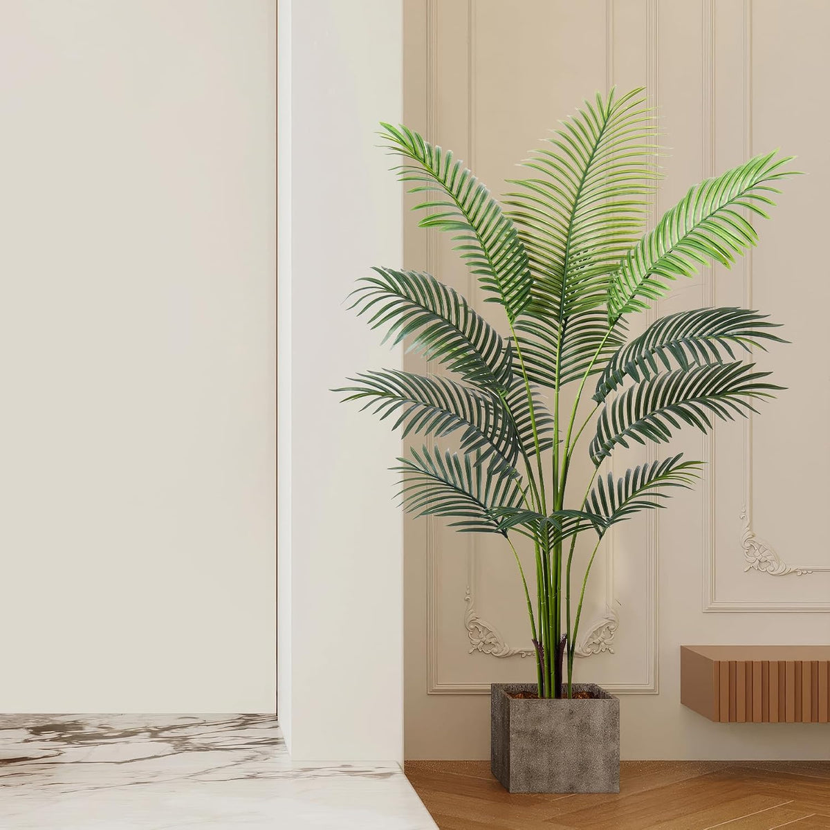 Artificial Golden Cane Palm Tree 5Feet Faux Plant for Home Decor Indoor Outdoor Faux Areca Palm Tree in Pot for Home Office Perfect Housewarming Gift with Adjustable Trunk