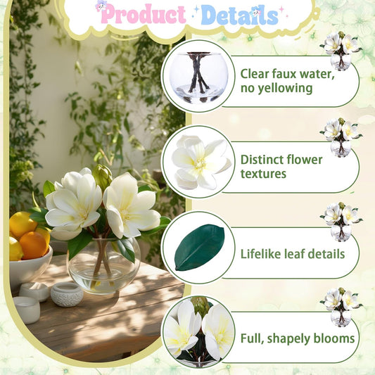 White Magnolia Artificial Flowers with Vase Fake Magnolia Flowers Indoor Real Touch Flowers with Faux Water for Home Decor Centerpieces for Tables