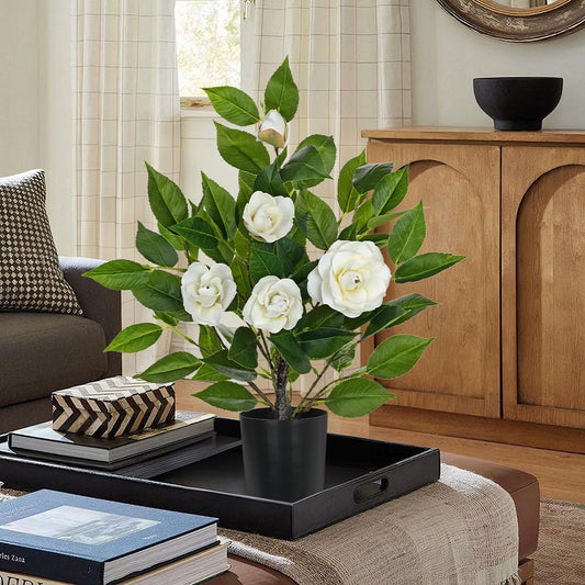 Small Artificial Camellia Roses Potted - 17.7" White Faux Camellia Rose Mini Tree Fake Flower Plant Artificial Plants & Flowers Indoor with Planter for Home Office Living Room Porch Arrangement Decor