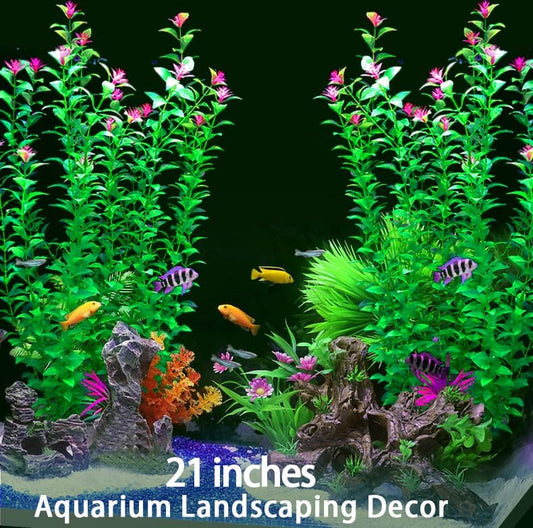 2 pcs Aquarium Decor Plants 21 Inches Extra Large Artificial Plastic Fish Tank Plants with Flowers, Tall Fish Tank Decoration for Betta Fish Tank