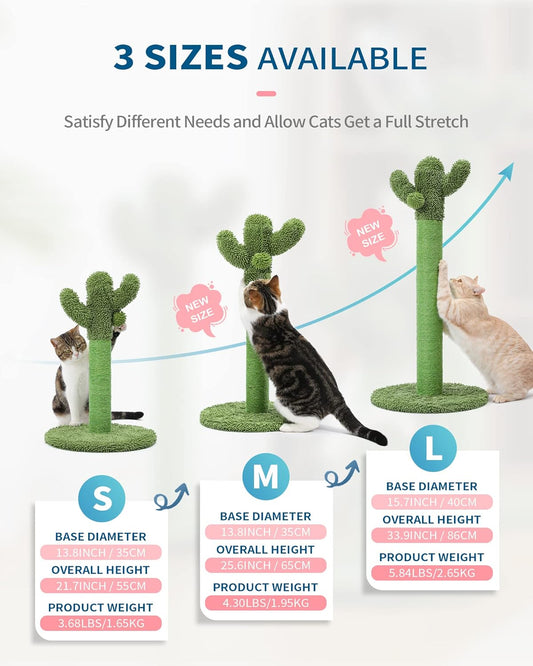 Cactus Cat Scratching Post for Small Indoor Cats & Kittens, 21.7" | Natural Sisal Rope Cat Scratcher with Stable Base and Plush Ball for Kittens to Scratch, Play and Develop Healthy Habits