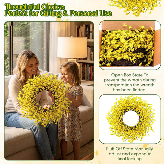 4 Pcs 14 Inch Forsythia Wreath Set Artificial Yellow Spring Summer Wreath for Front Door Porch Wall Decor, Farmhouse Rustic Home Mother's Day Wedding Gift
