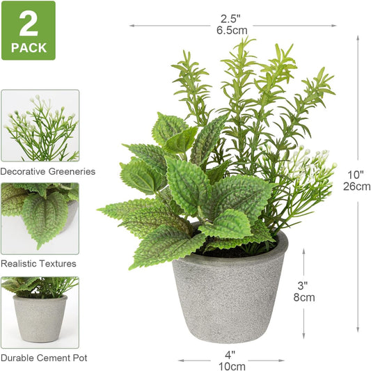 Set of 2 Fake Plants Artificial Potted Plants Faux Mint & Rosemary Plants Indoor for Home Farmhouse Rustic Shelf Coffee Table Cabinet Decor