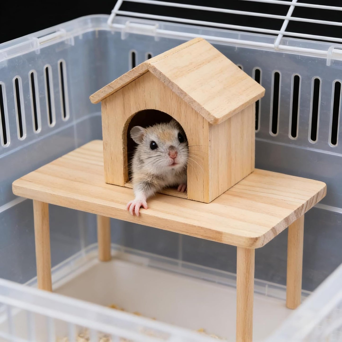 2-Piece Wooden Play Platform Set for Dwarf Syrian Hamsters Gerbils Mice Degus | Natural Pine Hamster Cage Accessories for Small Pets Climbing Resting and Hiding (1 Pack)