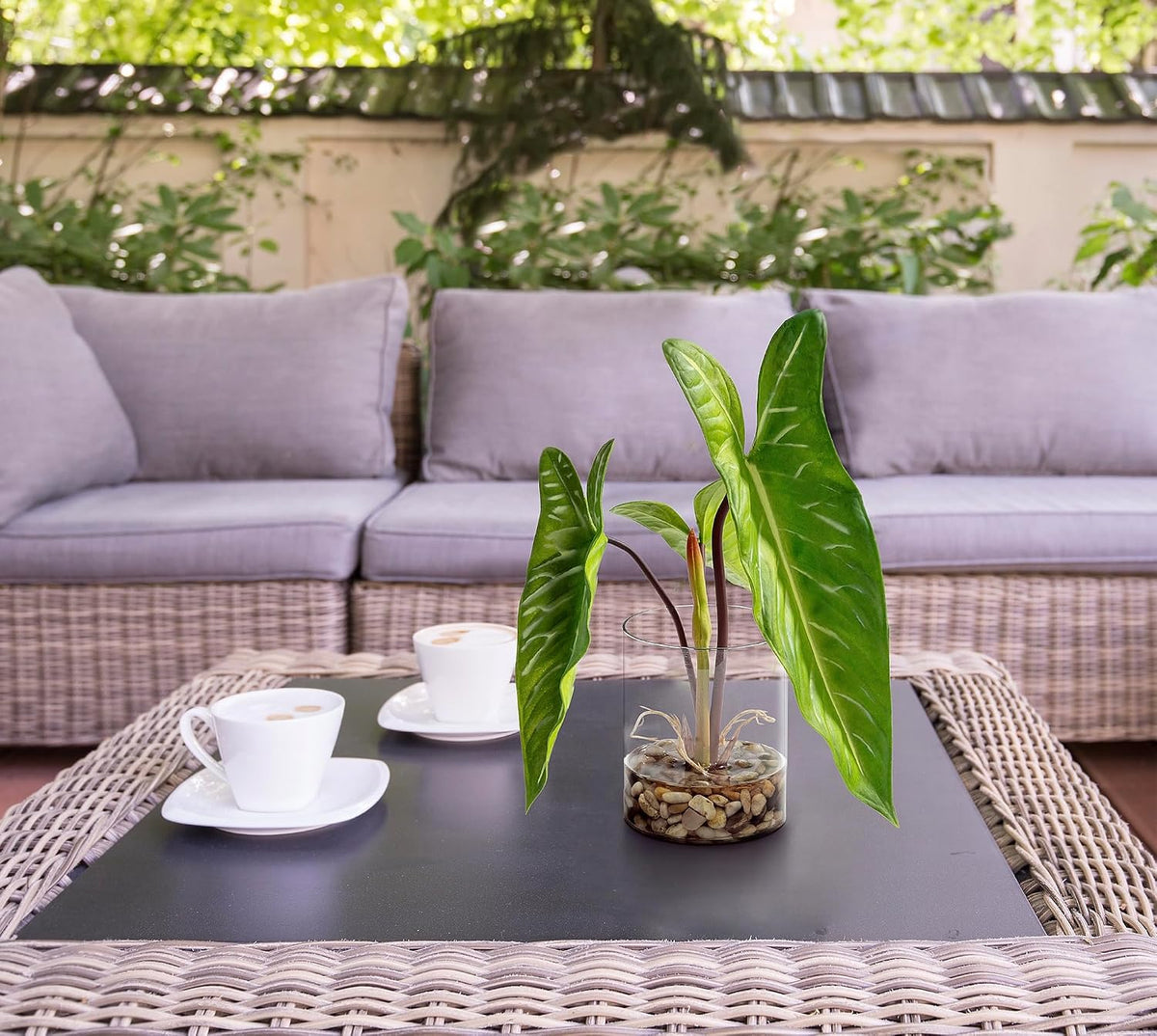 Tropical Artificial Plant in Clear Pot with Artificial Water, Wide Arrowhead Leaves. Faux Plants Indoor and Outdoor