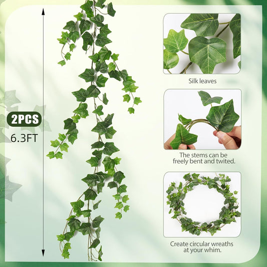 2 Pack Artificial Vines Ivy Garland Fake Vines for Room Decor 6.3Ft | Faux Hanging Ivy Plants with Realistic Silk Leaves Greenery for Outdoors Party Wedding Indoor Mantle Bedroom Home Decor