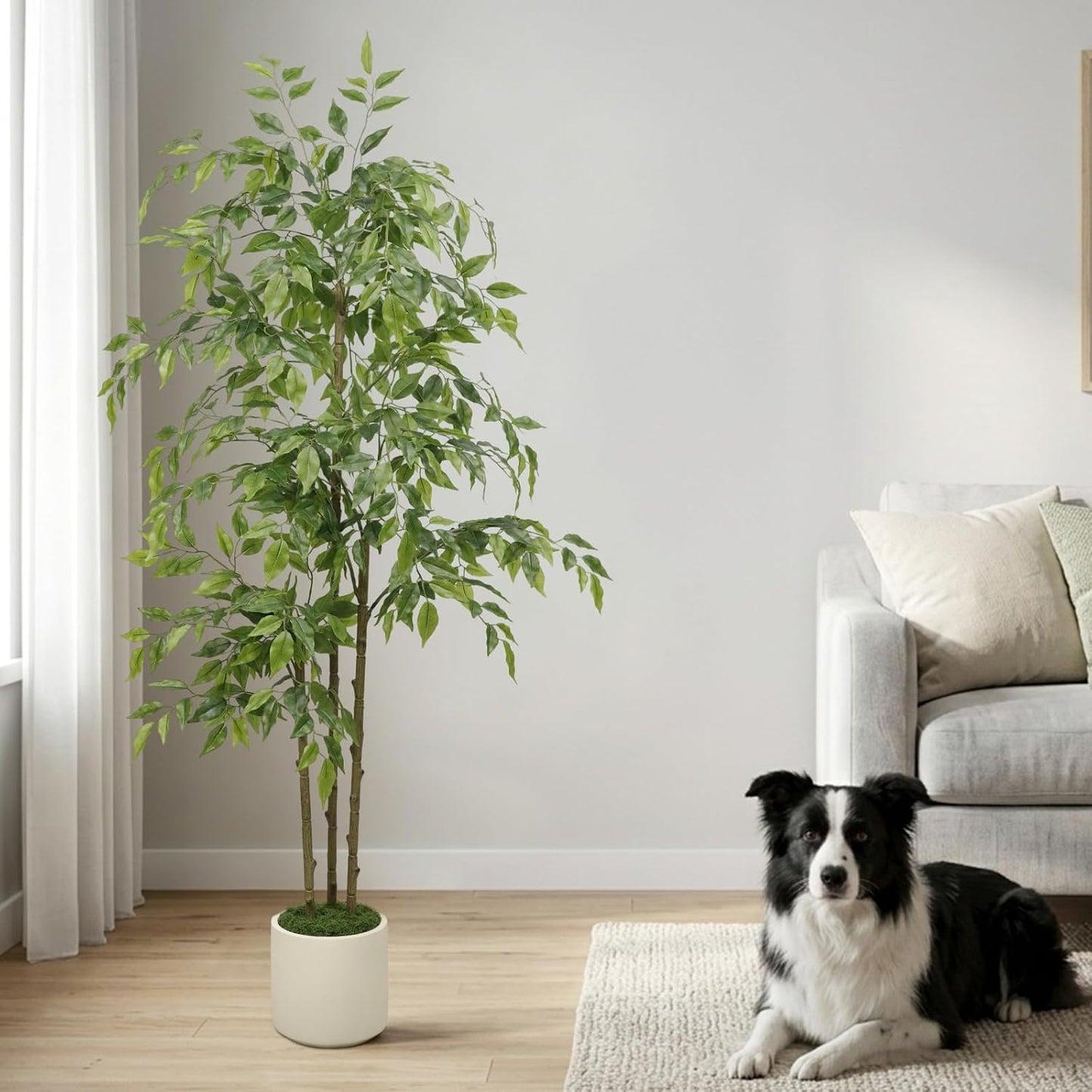 5ft Artificial Ficus Tree with Triple Trunk & White Planter Faux Ficus Tree | Lifelike Faux Ficus Tree with Natural Wood Trunks, Tall Fake Potted Plant for Indoor Living Room Home Office Corner Decor