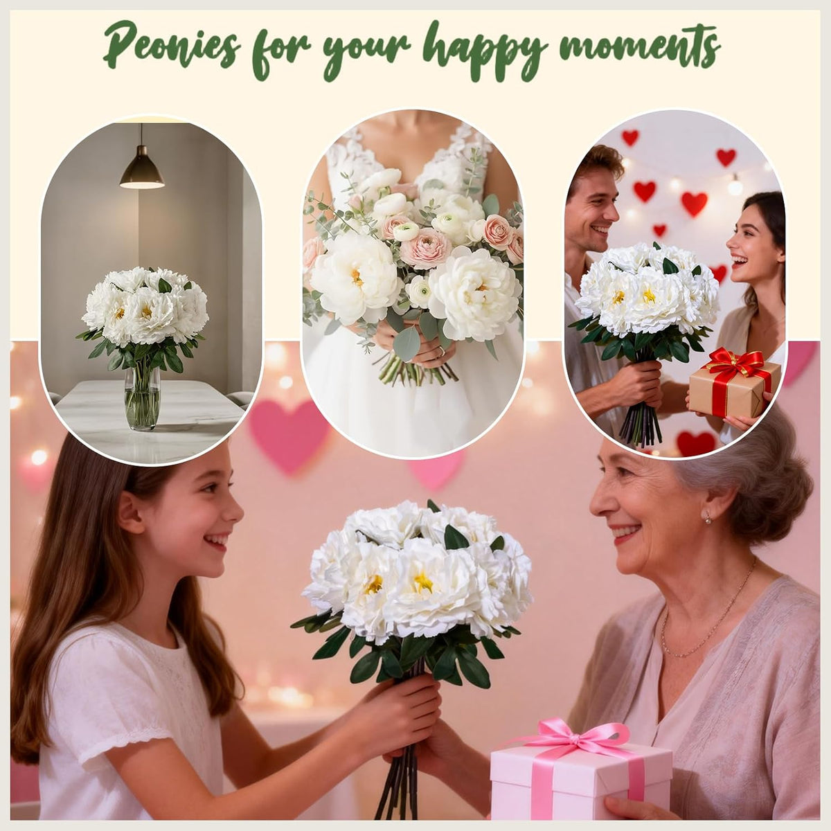 10PCS Pink Realistic Silk Peonies Bouquet, Waterproof & UV Resistant Faux Peony Flowers, All-Weather Artificial Stems for Outdoor, Grave, Wedding Centerpiece & Home Decor