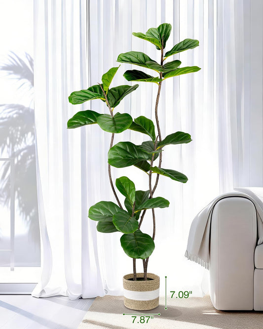 Artificial Fiddle Leaf Fig Tree 6FT with Cotton Basket | Faux Large Trees Fake Plants Tall Tree with 5 Sturdy Trunks, Indoor Artificial Plant Ficus Lifelike for Home Decor Office