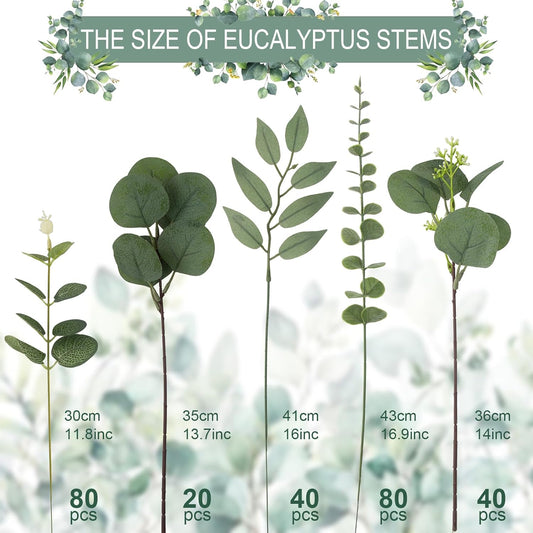 100 Pcs Mixed Greenery Artificial Eucalyptus Stems, Baby Breath Artificial Flowers Bulk and Eucalyptus Leaves for Wedding Bouquets Home Office Floral Decor (100, Green and White)