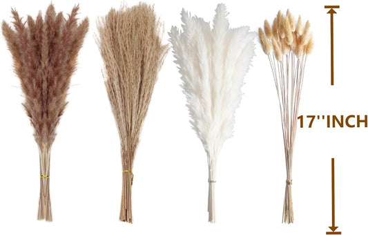 100 PCS Small Boho Pampas Grass, 17" Naturally Dried Pompas, Pampas Grass Decor for Wedding , Boho Party Decorations, Table Decor(Brown and White)