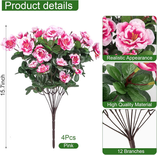 Artificial Camellia Flowers for Outdoors, Purple, 4 Pcs | Faux silk flowers, UV resistant, care-free, adjustable stems, planter outside patio garden balcony door porch decor