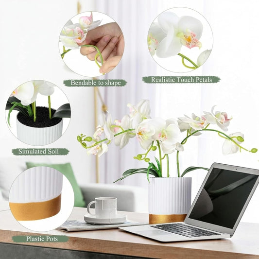 Orchid Artificial Flowers in Pot 15 Inches Artificial Orchid Flowers Phalaenopsis Potting for Home Office Wedding Bathroom Centerpiece Decor(White)