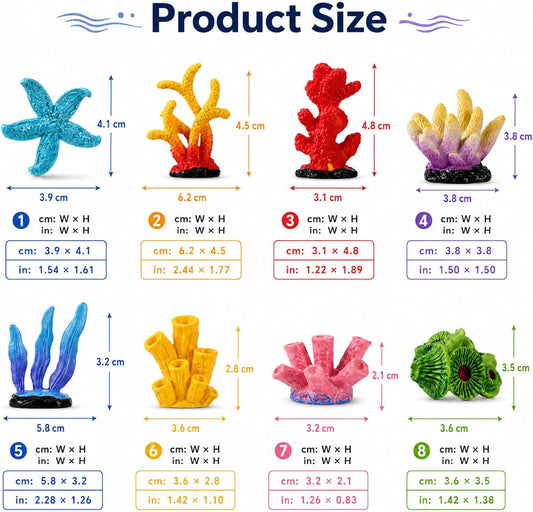 8Pcs Artificial Coral Plant Aquarium Decorations, Colorful Resin Coral Reef Fish Tank Ornament, Mini Betta Fish Tank Accessories for Aquarium Landscape, Small Fishs Bowl Ornaments for Household Office
