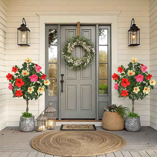 4ft Artificial Hibiscus Tree 2 Pcs, Fake Tropical Potted Plant | with UV-Resistant Leaves & Multicolored Flowers for Indoor Outdoor Porch Front Door Patio Entryway Living Room Office Decor