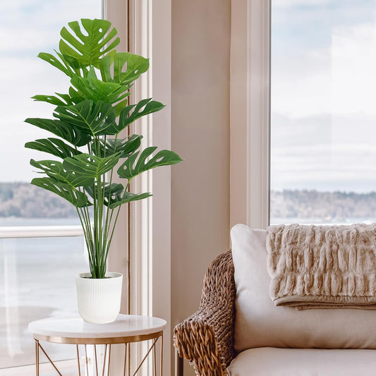 Set of 2 Artificial Monstera Deliciosa Plants in Pots, Fake Tropical Trees with Greenery Leaves Stems, 32 Inch Faux Swiss Cheese Floor Plants for Home Porch, Garden, Office, Store Decor