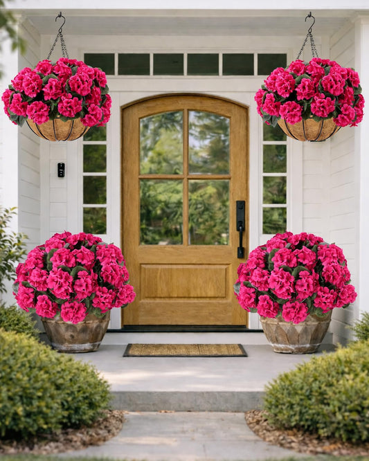 Artificial Flowers for Outdoors – 6 Bundles of UV-Resistant Artificial Geraniums, Realistic Silk Flowers for Front Porch, Patio, Garden, Window Boxes & Hanging Baskets (Red, 6)