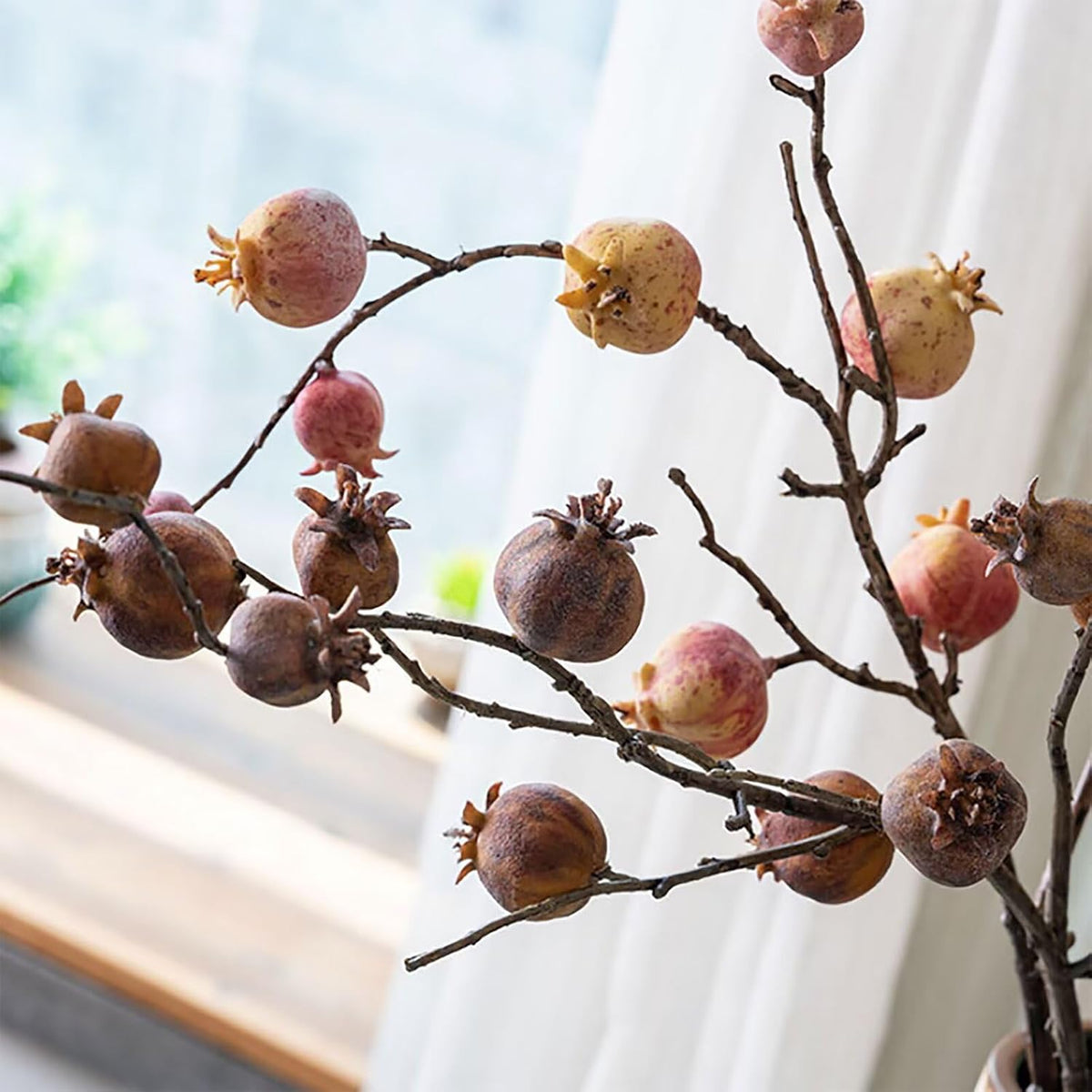 4 Pcs Artificial Pomegranate Branches, 31.9" Fake Mini Fruit Branches Faux Fall Stems Fake Pomegranate Stems Artificial Pomegranate Stems with Leaves for Autumn Farmhouse Thanksgiving Decor