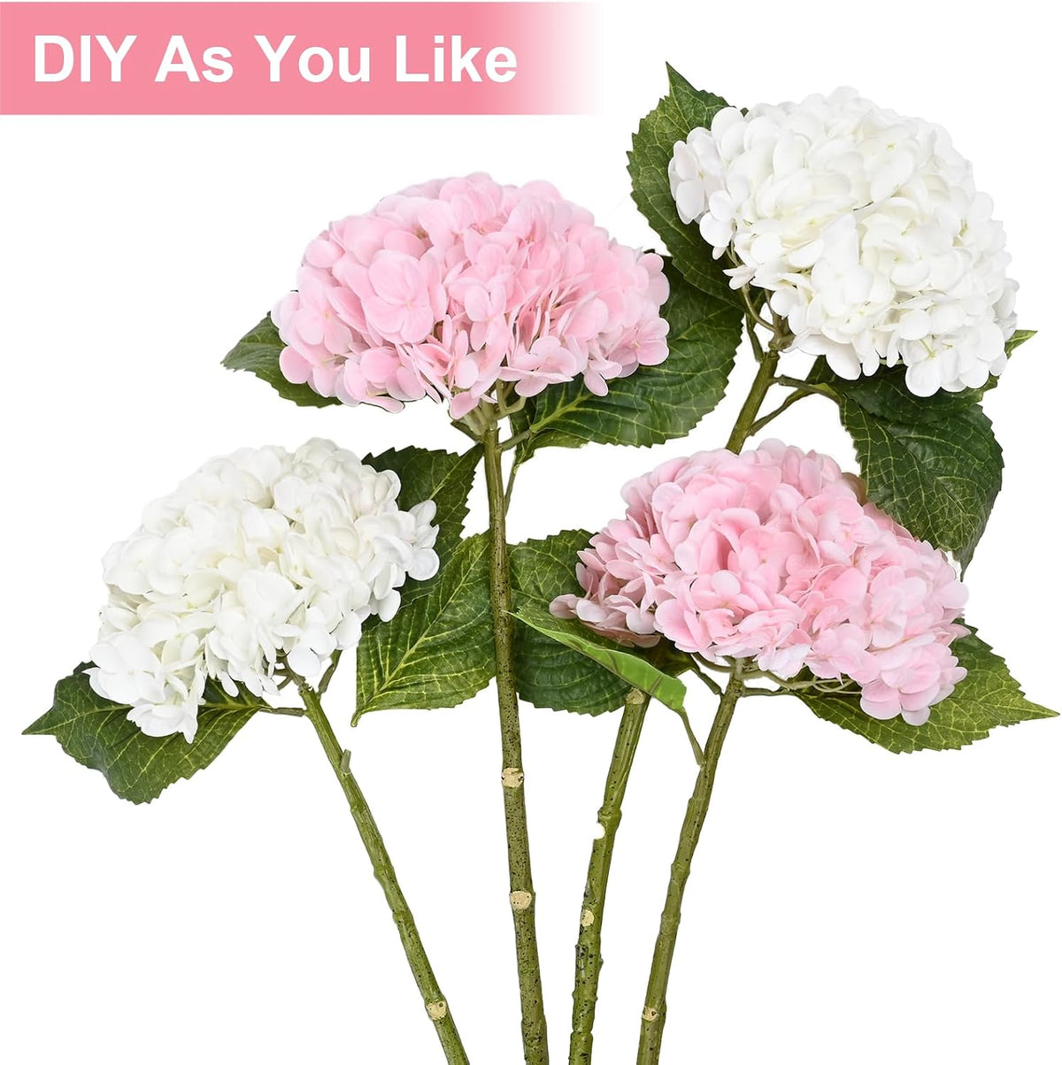 21" Real Touch White Hydrangea Artificial Flowers with Long Stem & Leaves, Full Latex Faux Hydrangea Flowers for Home Decor Party Floral Arrangements Wedding Bouquets Centerpieces