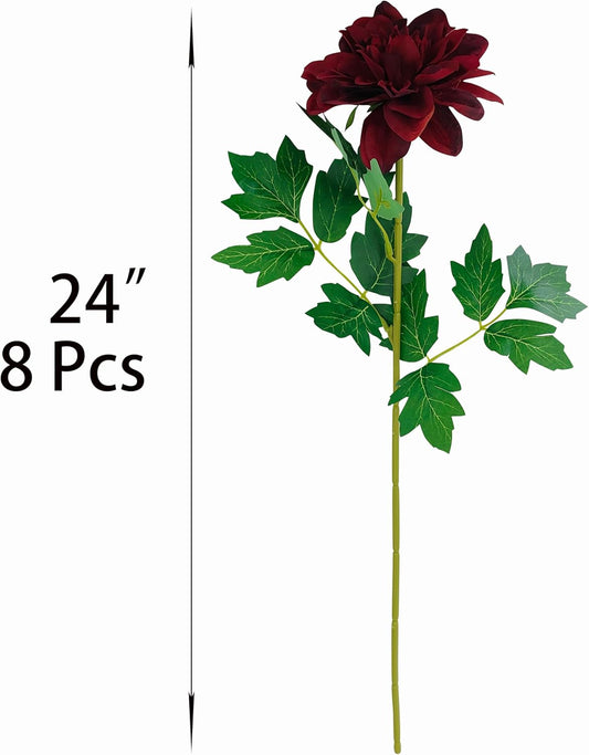 8 Pcs Dahlia Artificial Flowers, 24" Fake Silk Dahlia Flower Bouquets for DIY Wedding Centerpieces Arrangements Bridal Shower Party Home Decorations (8, red Bean Pink)