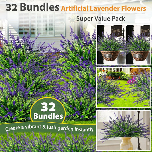 32 Bundles Faux Lavender Plants Outdoor, UV Resistant Fake Lavender Flower | Artificial Lavender Flowers with Monkey Grass for Garden, Patio, Planter, Hanging Basket, Front Porch, Pathway Décor, Purple