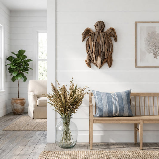 Wooden Driftwood Turtle Sculpture – Relaxed Coastal Room Decor Accent, Living Room or Patio Wall Display, Organic Texture and Artful Home Decor Silhouette – 16"x 22"x 3", Brown