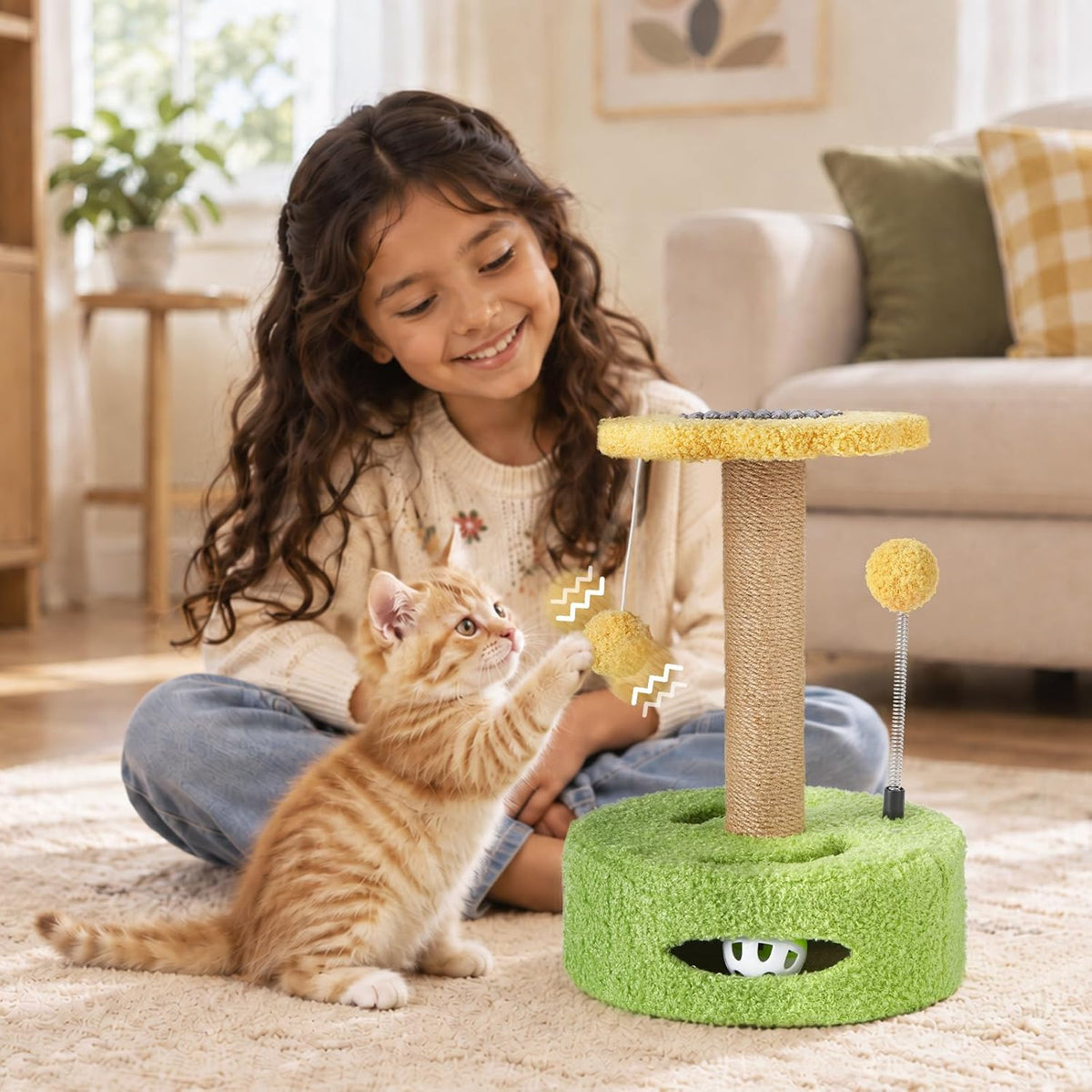 Cat Scratching Post, Mushroom Cat Scratcher with Interactive Ball Track Spring Ball Toys Cute Sisal Scratchers Post for Indoor Adults Kitten with Stable Base