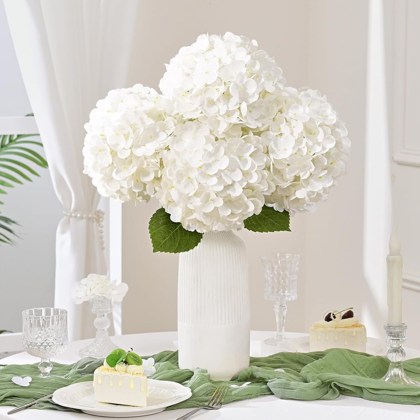 White Hydrangea Artificial Flowers, Real Touch Latex, 4 Pcs | Soft Petals, 19.6-In Flexible Stems, Full Lifelike Blooms, Washable, Home Decor, Wedding Centerpieces, Floral Arrangements