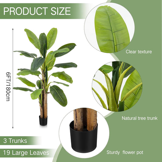 2 Pack 6 Ft Artificial Banana Tree with Pot Faux Banana Plants Tall Faux Floor Leaf Plant with 3 Trunks and 19 Large Leaves for Indoor Home Office Decor Housewarming Gift