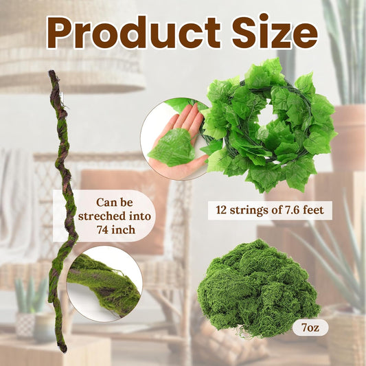 Jungle Theme Decoration Set 75 Inch Bendable Large Fake Tree Branches with 91.2 ft Fake Vines Grapevine Greenery, Artificial Moss for Rainforest Party Enchanted Home Garden Wall DIY Decor