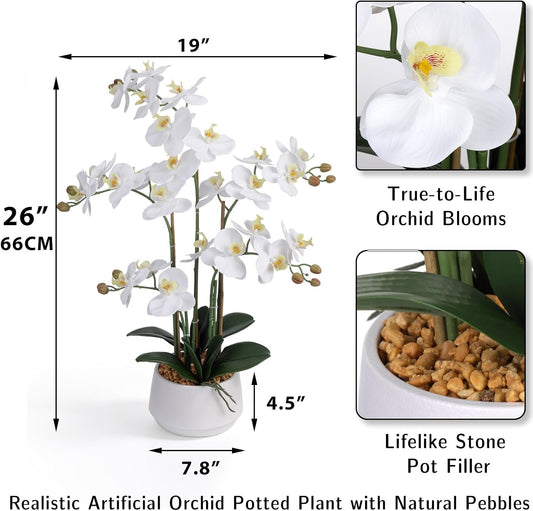 Artificial Orchid Flowers 26 Inch in Pot Look Real Fake White Phalaenopsis Potted Faux Plant for Home Office Indoor Outdoor Decor