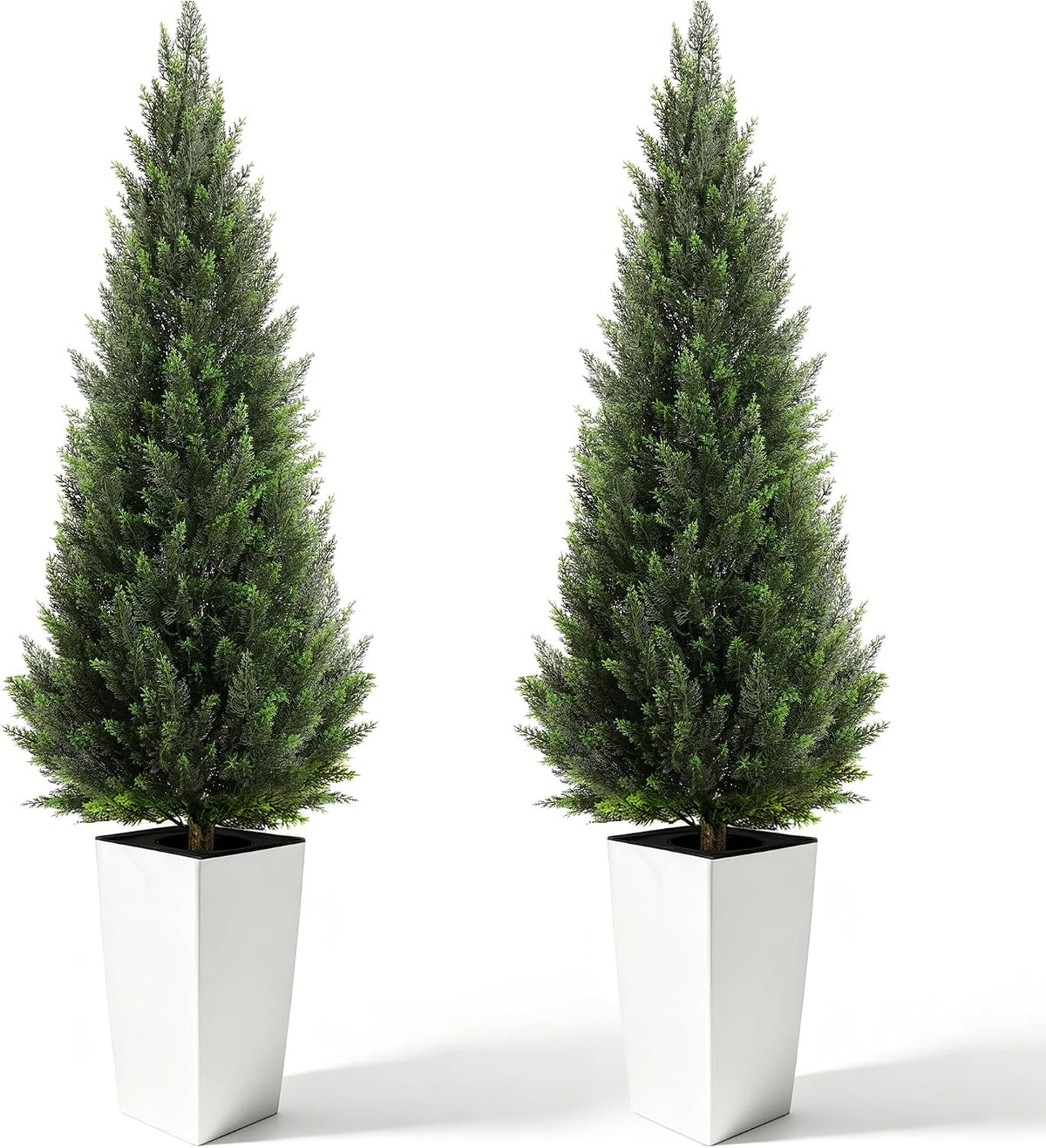 5FT Tall 2 Pack Artificial Cedar Topiary Trees with Compact Pyramidal Shape, Realistic Faux Cypress in Square Black Pot with Fillable Water Bag, Outdoor Evergreen for Front Porch Garden Home Decor