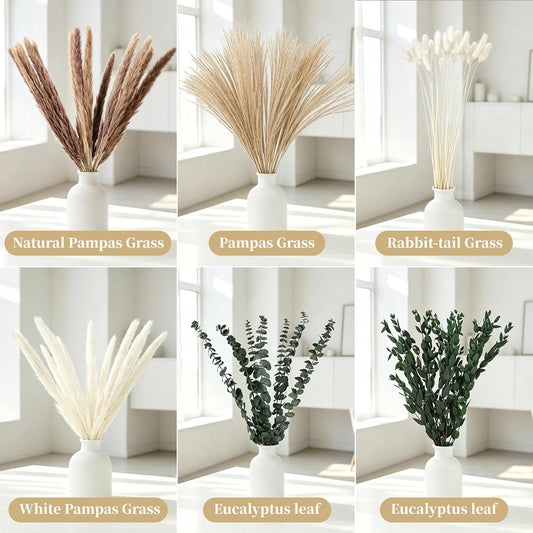 Boho Dried Flower Bouquet with Pampas Grass, Bunny Tail Grass, Reed & Preserved Eucalyptus – Natural Floral Arrangement for Home Decor, Wedding Centerpiece & Vase Filler